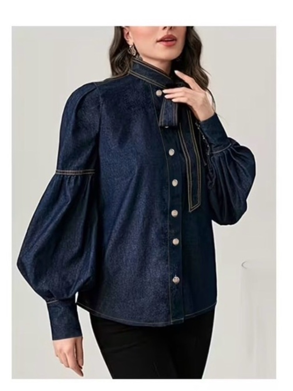 NWT OSHOPLIVE Women's Blue Puff Sleeve Snap-Front Blouse with Neck Tie Sz Small